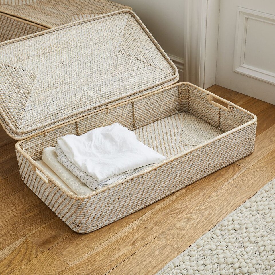 Under Bed Storage Containers,10 Inches Tall Underbed Clothes Storage Organizer Bin With Sturdy Sidewalls/Bottom,Underbed Storage Bins 2 Storage Thin Bins Handle